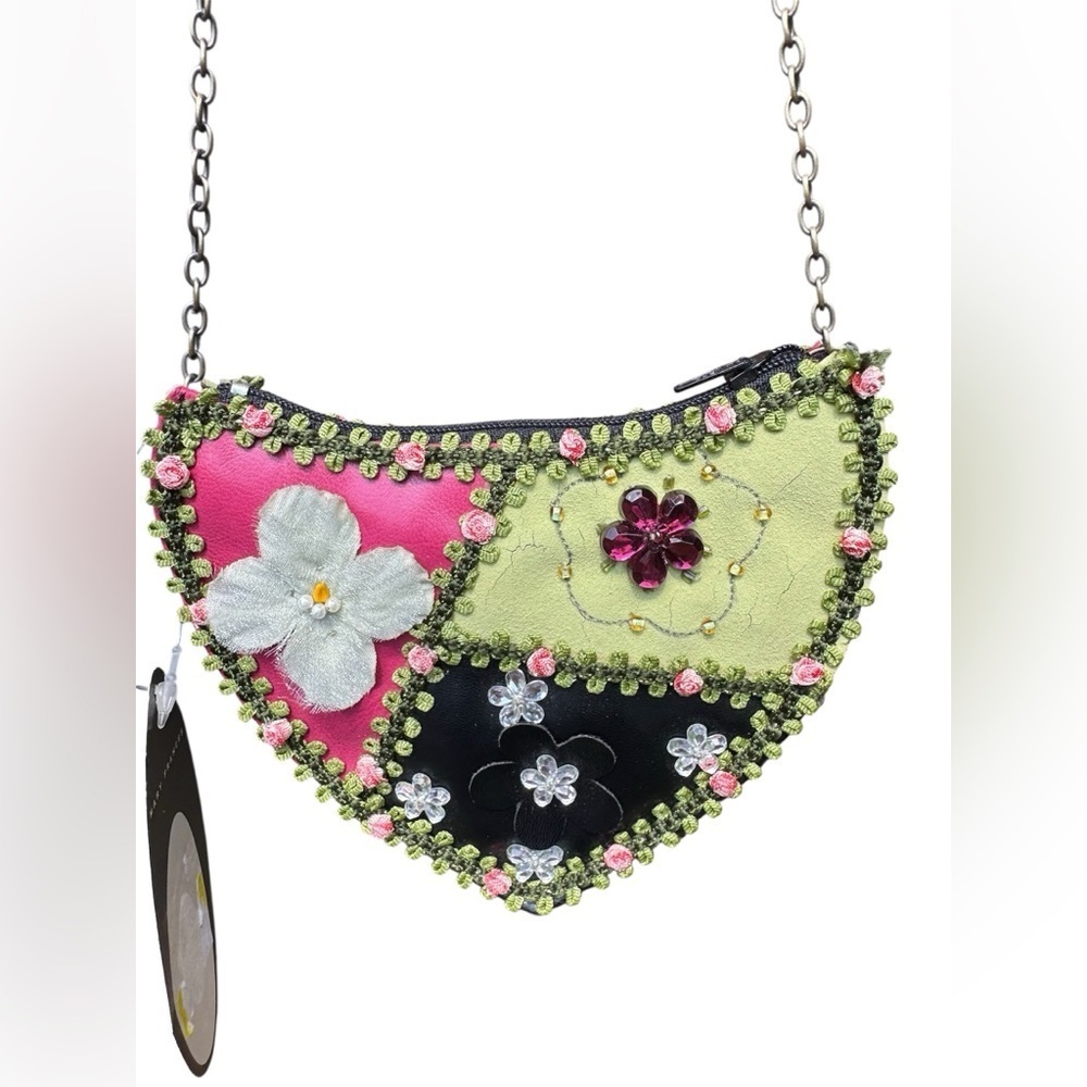 Mary Frances NWT Heart Shaped Handbag - Unique Beaded Floral Design w/ Suede
